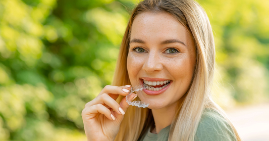 Smiling woman with clean Invisalign trays 