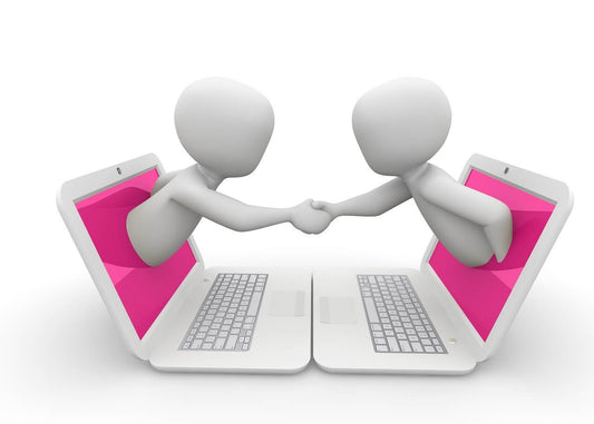 two animations shaking hands out of laptop pink screens