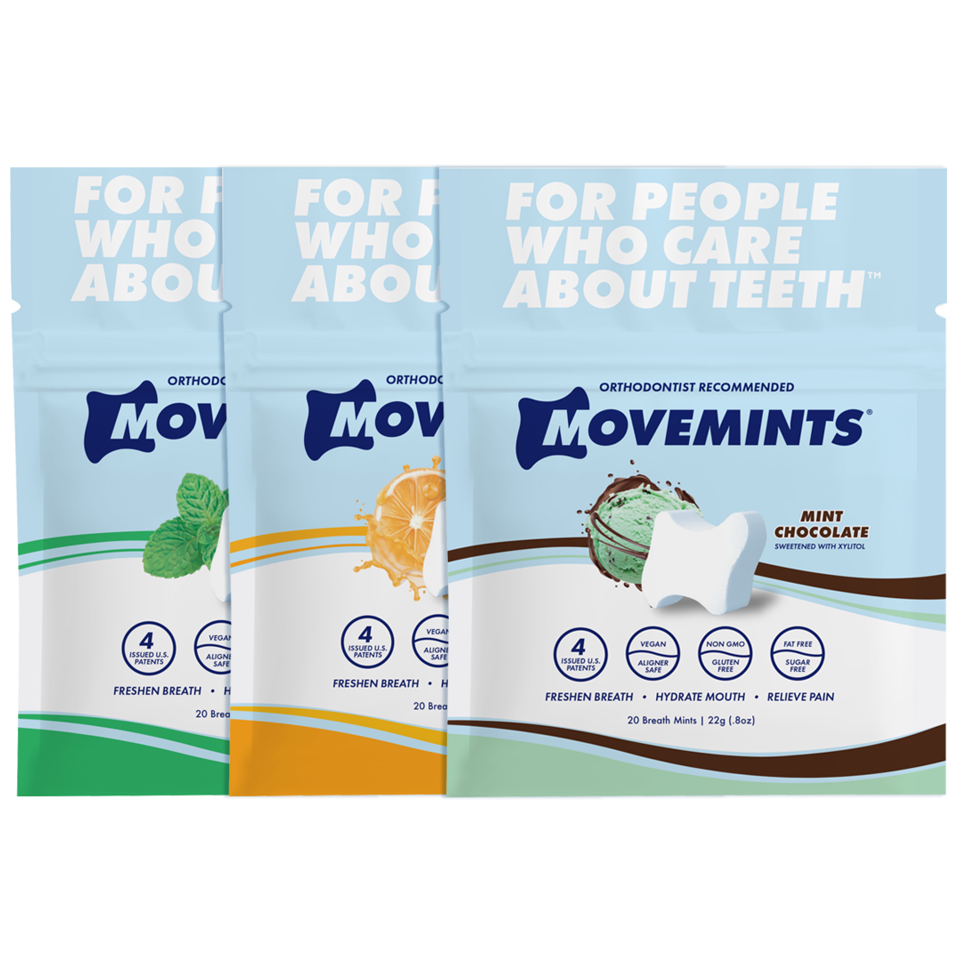 An image of Movemints aligner mints in Spearmint, Orange, and Mint Chocolate flavor.